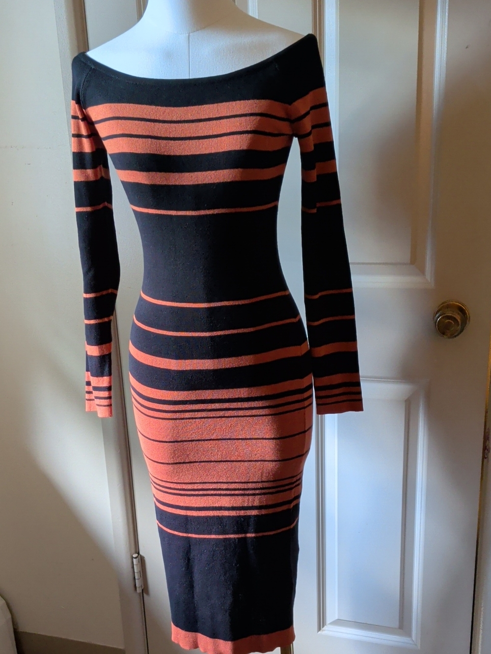Off-Shoulder Black and Rust Orange Striped Long Sleeve Midi Dress